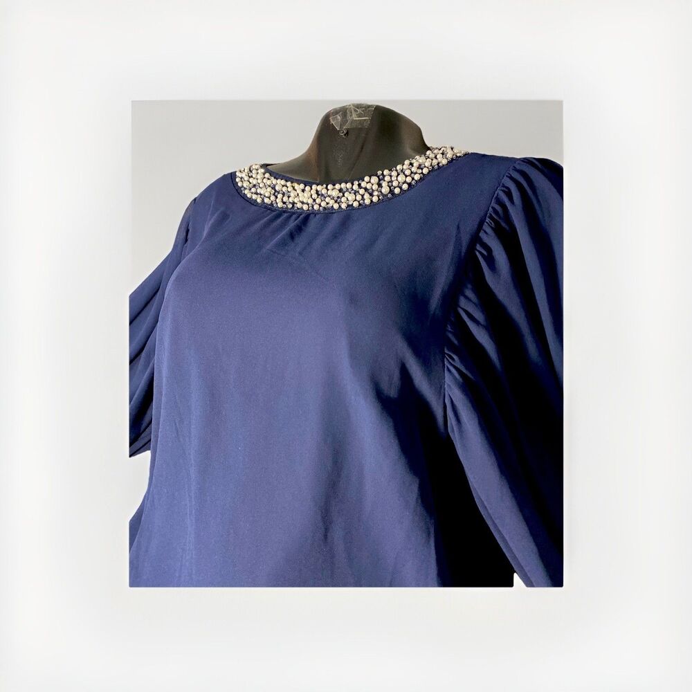Vince Camuto Blouse Womens Large Navy With Beads Beads Sheer Balloon Sleeves
